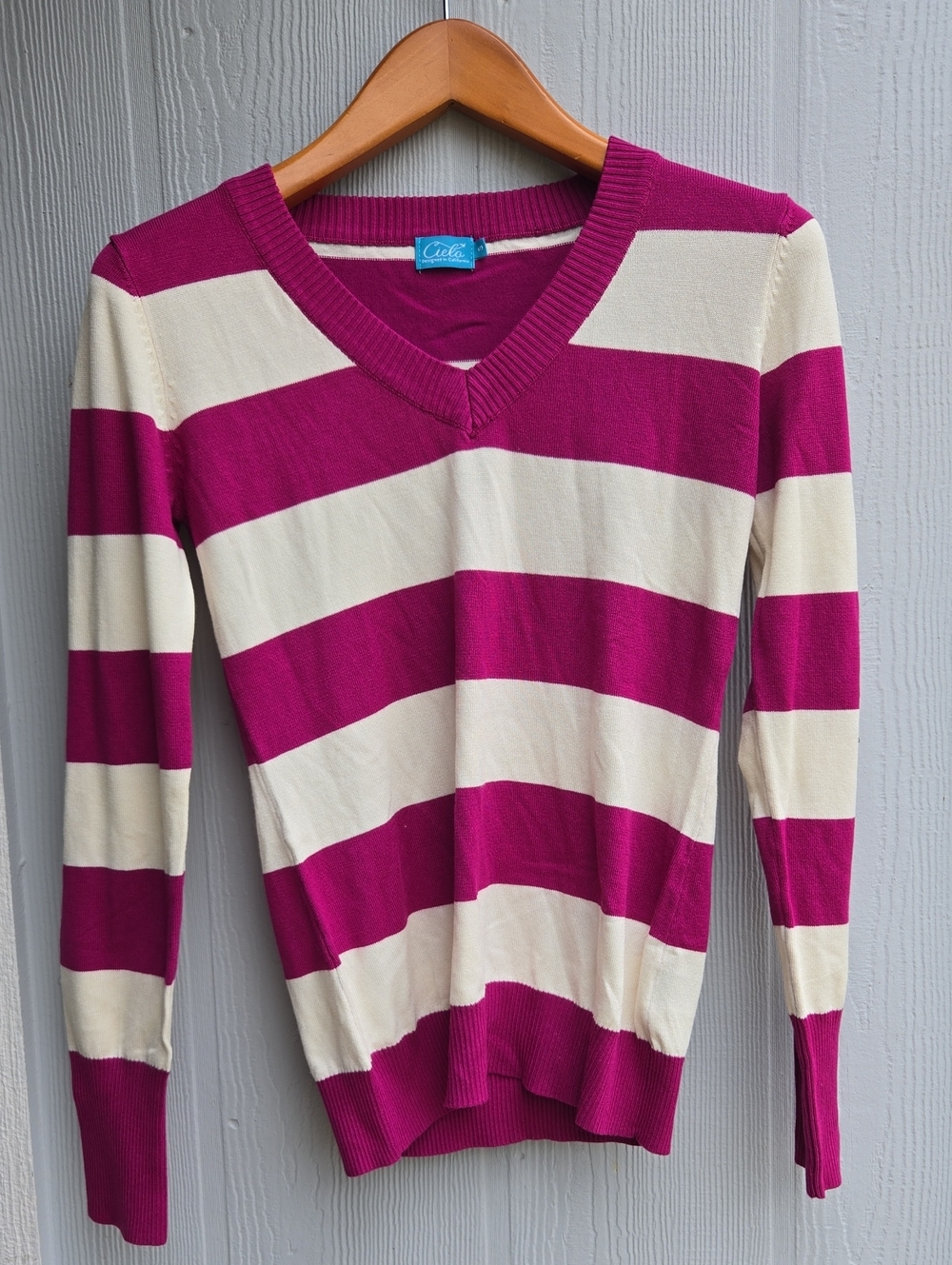 Cielo Fuchsia and Cream Striped V-Neck Pullover Sweater